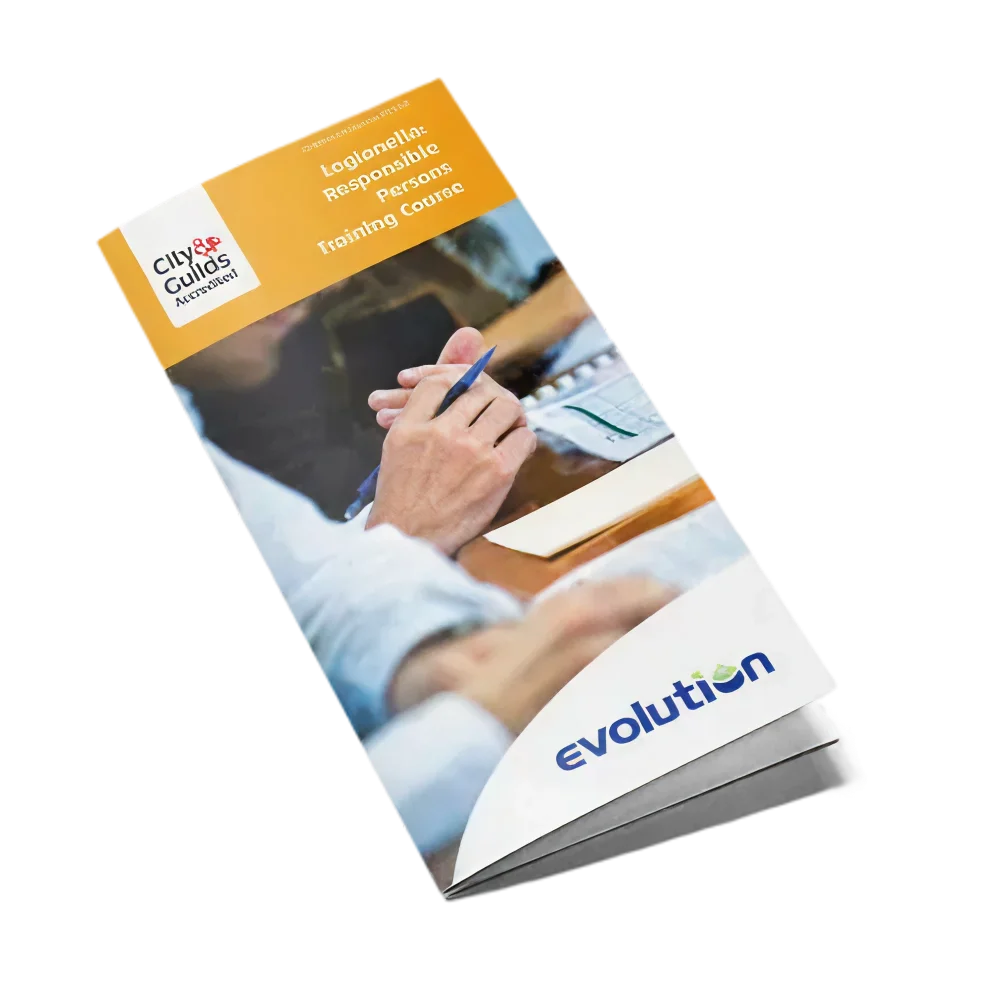Folded brochure for the Legionella Responsible Persons training course with City & Guilds branding.