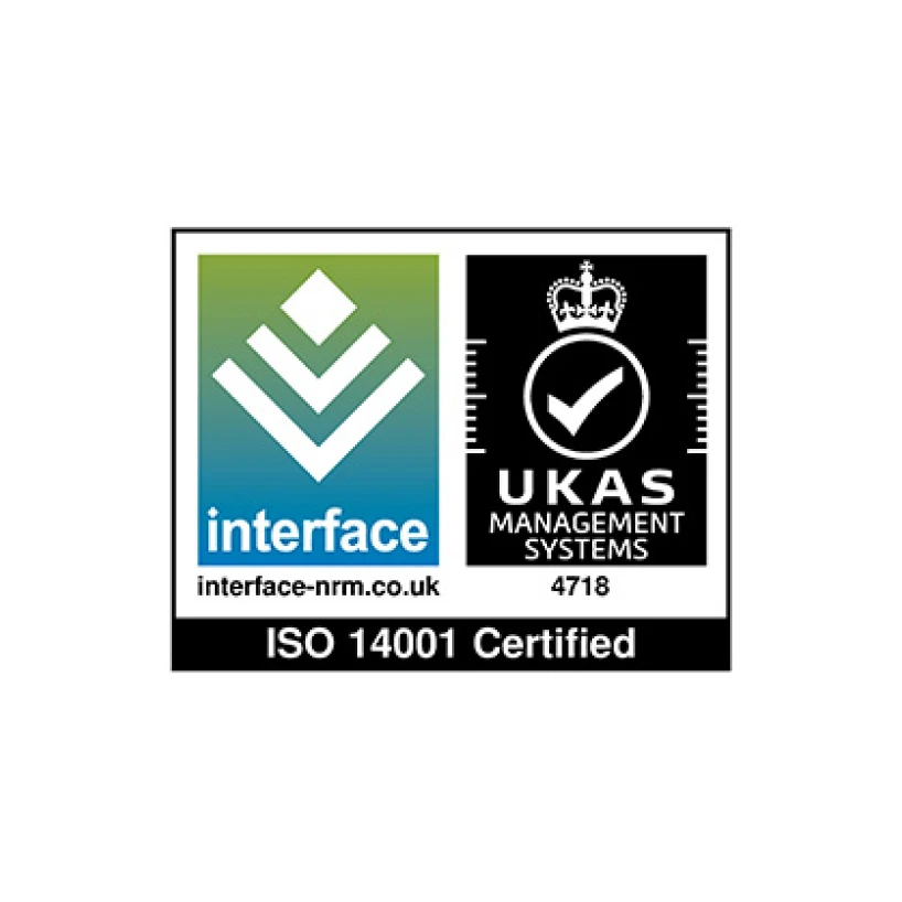 ISO 14001 certification badge.
