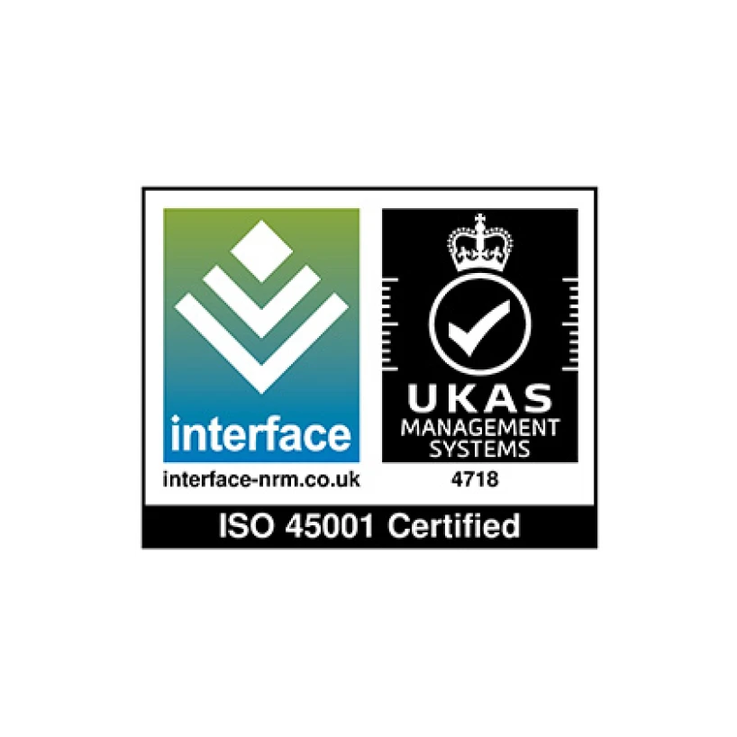ISO 45001 certification badge.