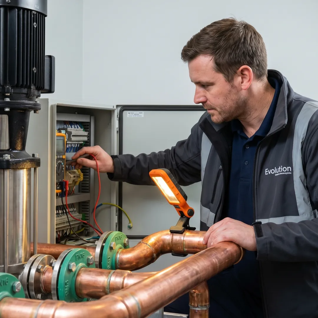 An Evolution Water engineer testing a control panel beside pump and pipework.